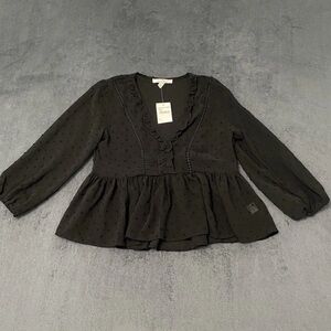 Love Tree Blouse Womens L Sheer Black Swiss Dot Peplum Hem Top Whimsigoth NWT